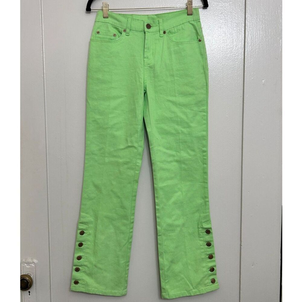 Vintage Neon Lime Green Cotton Straight Leg Mid Rise Jeans w/Button Detail